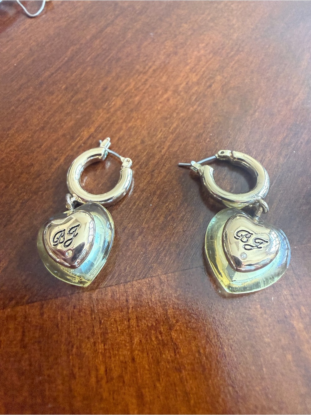 Betsey Johnson Gold Heart Drop Hoop Earrings with Monogram